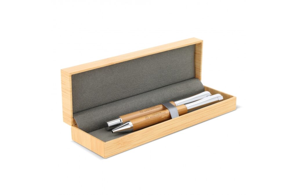 Ensemble stylo à bille et roller en métal bambou dans une boîte cadeau