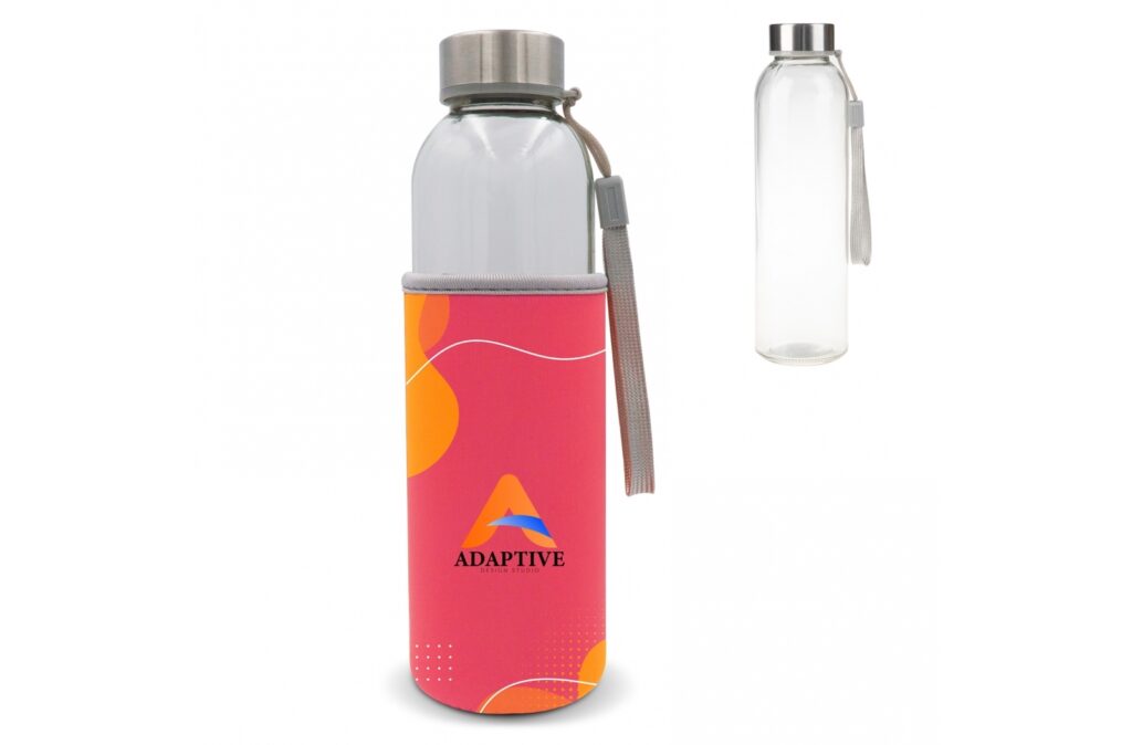 Water bottle glass with custom made sleeve 500ml