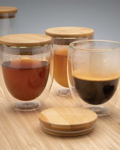 Set de 2 verres double paroi 250ml avec couvercle en bambou